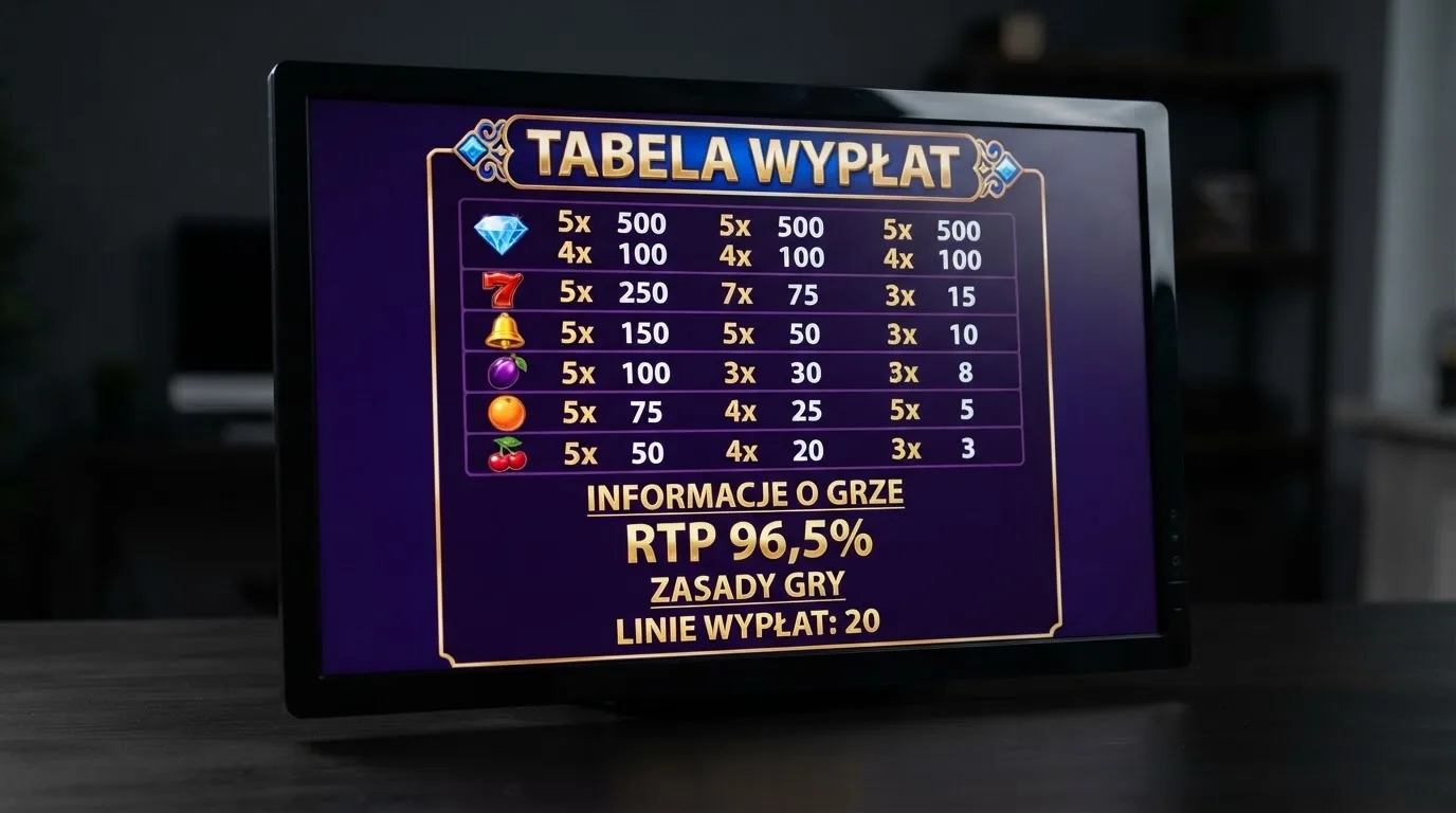 ekran automatu online z otwartą tabelą wypłat pokazującą wartość procentową RTP