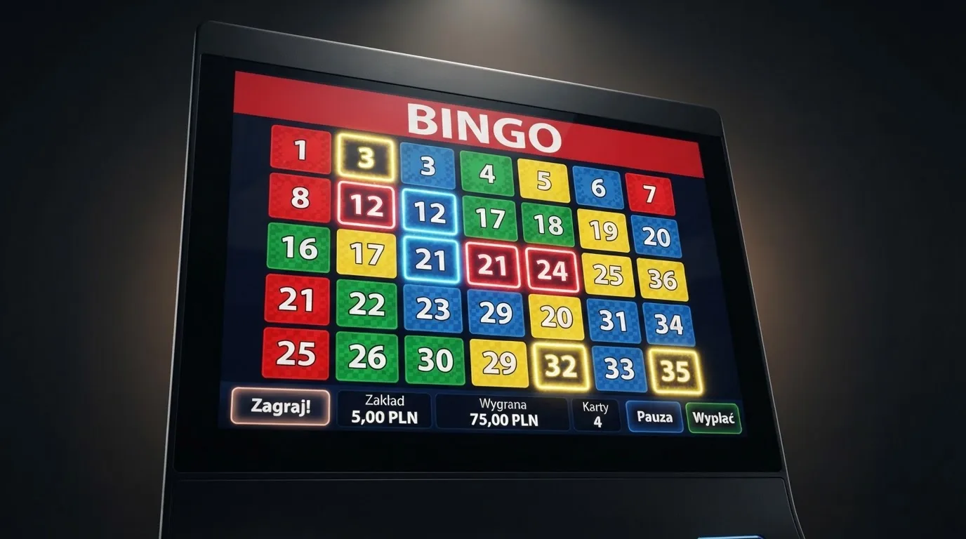 Ekran automatu do gry z kolorową planszą w stylu bingo i podświetlonymi liczbami