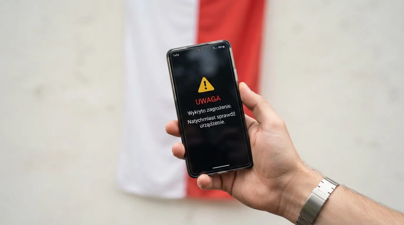 Dłoń trzymająca telefon z widocznym komunikatem ostrzegawczym o legalności hazardu online na tle biało-czerwonej flagi Polski.