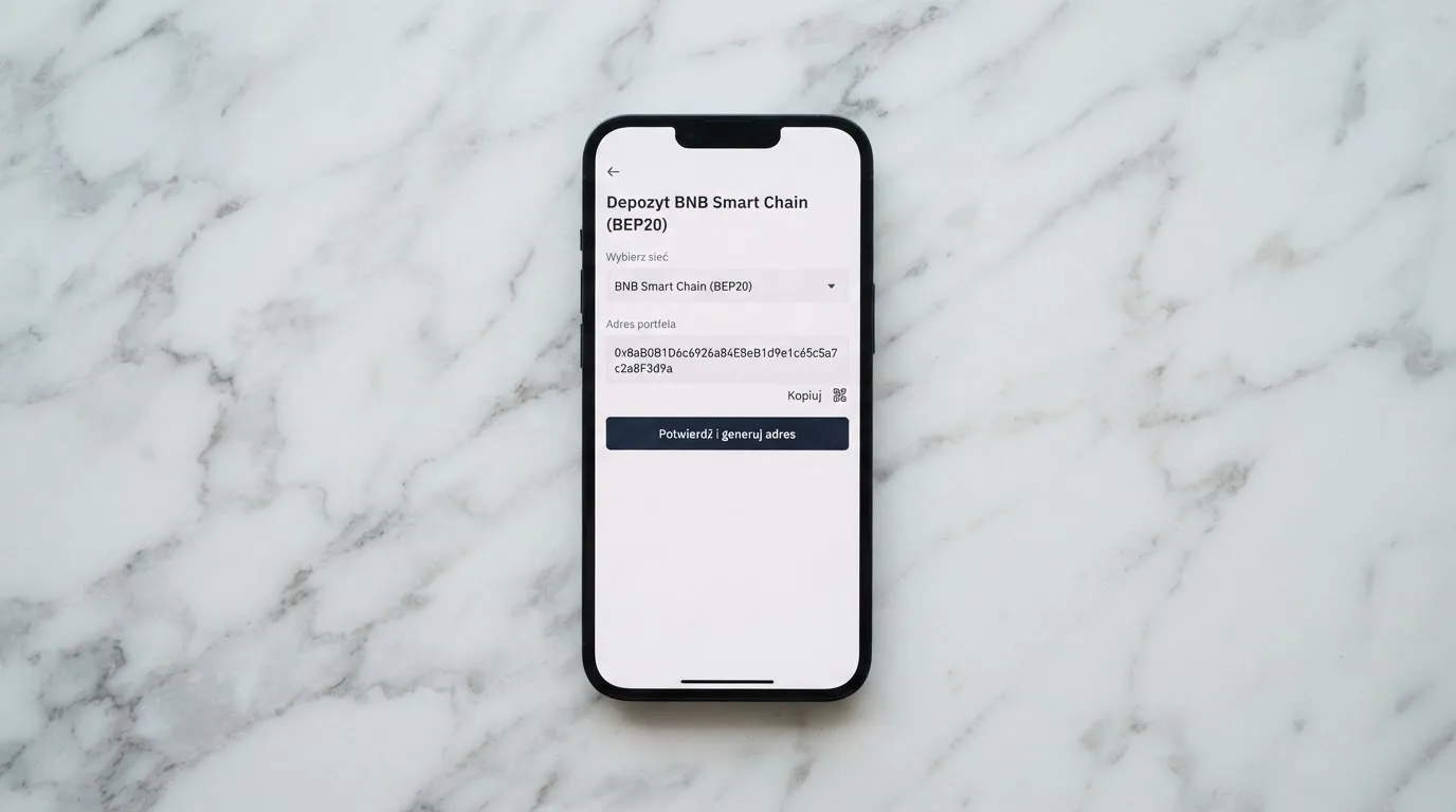 Zbliżenie na formularz wpłaty w kasynie online z polem na adres portfela kryptowalutowego BNB Smart Chain.