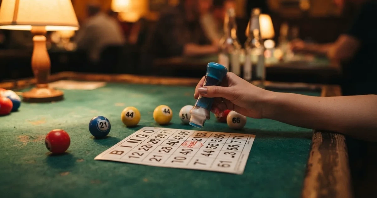 Karta do bingo z odznaczonymi liczbami obok wylosowanych kulek na stole w kasynie online