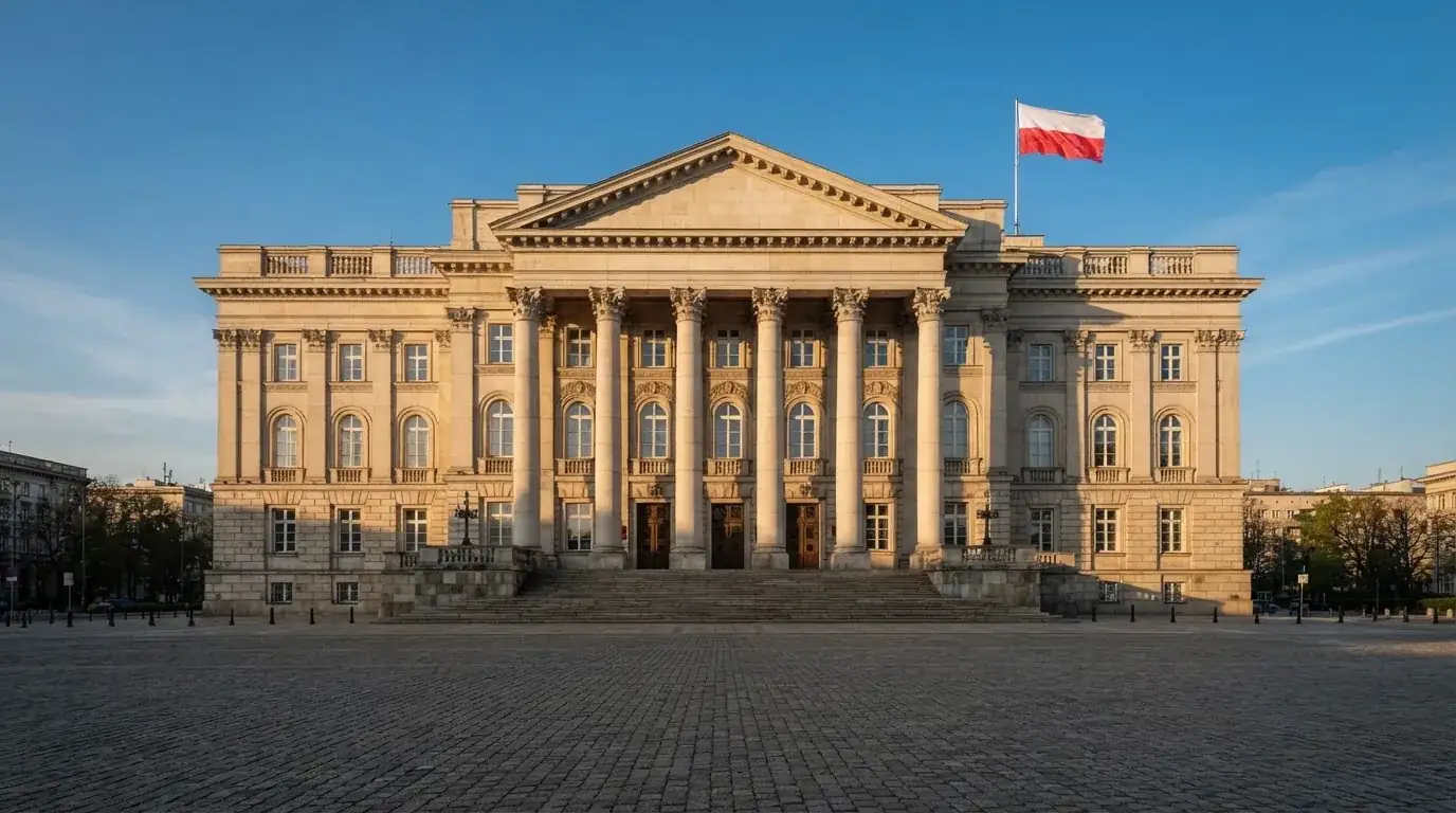 Fasada budynku instytucji państwowej z flagą Polski, symbol nadzoru regulatora nad rynkiem gier hazardowych