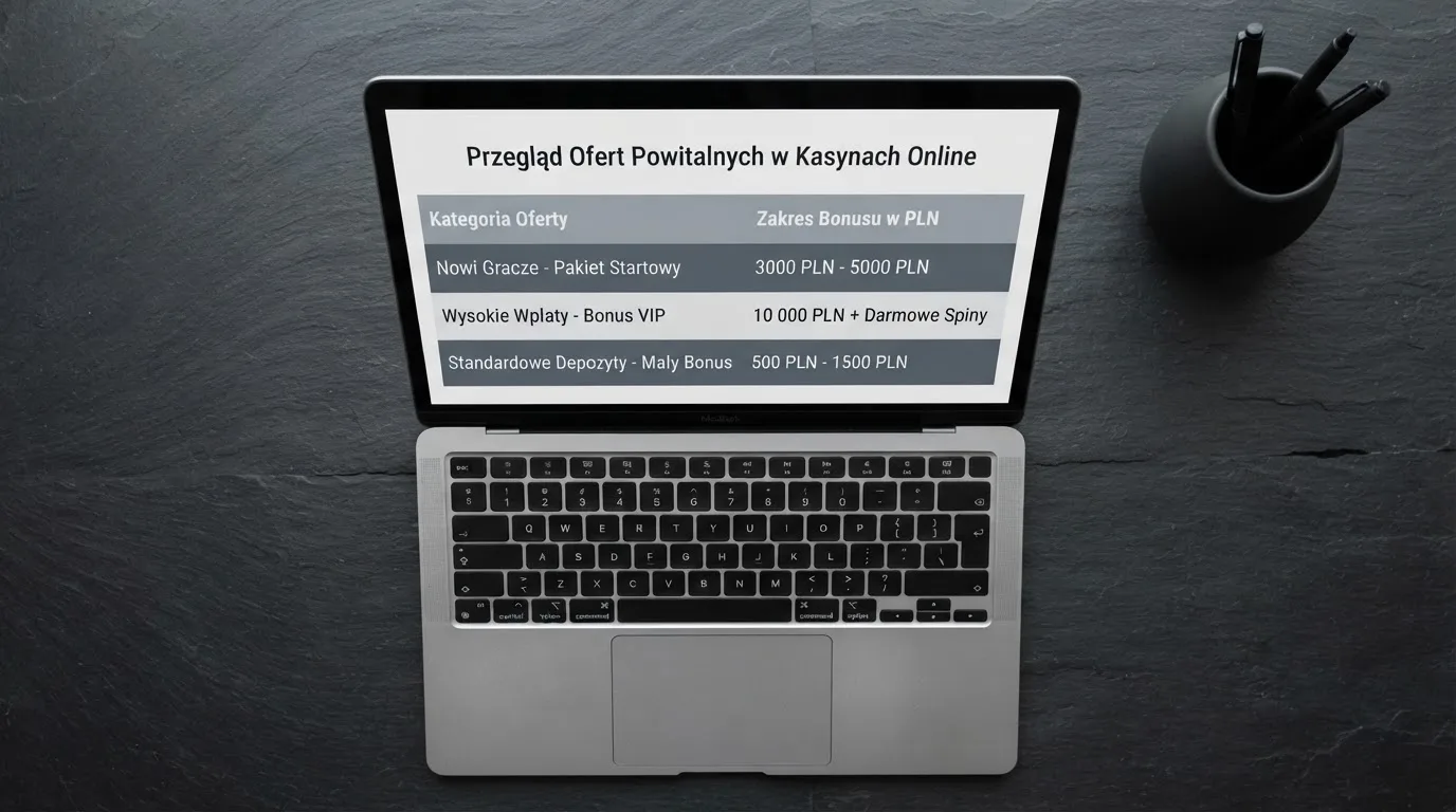 Widok z góry na laptop z otwartą tabelą porównawczą ofert powitalnych kilku serwisów kasynowych