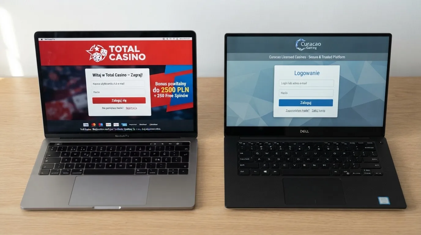 Dwa ekrany logowania kasyna online obok siebie na biurku, jeden z polskim interfejsem złotówkowym, symbolizujące porównanie dwóch różnych serwisów