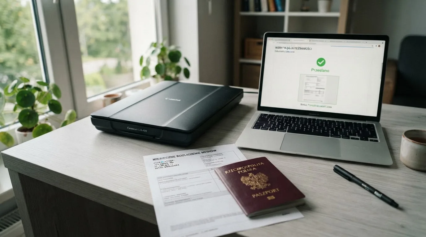 Rachunek za media i paszport ułożone obok skanera, na ekranie laptopa widoczny przesłany plik