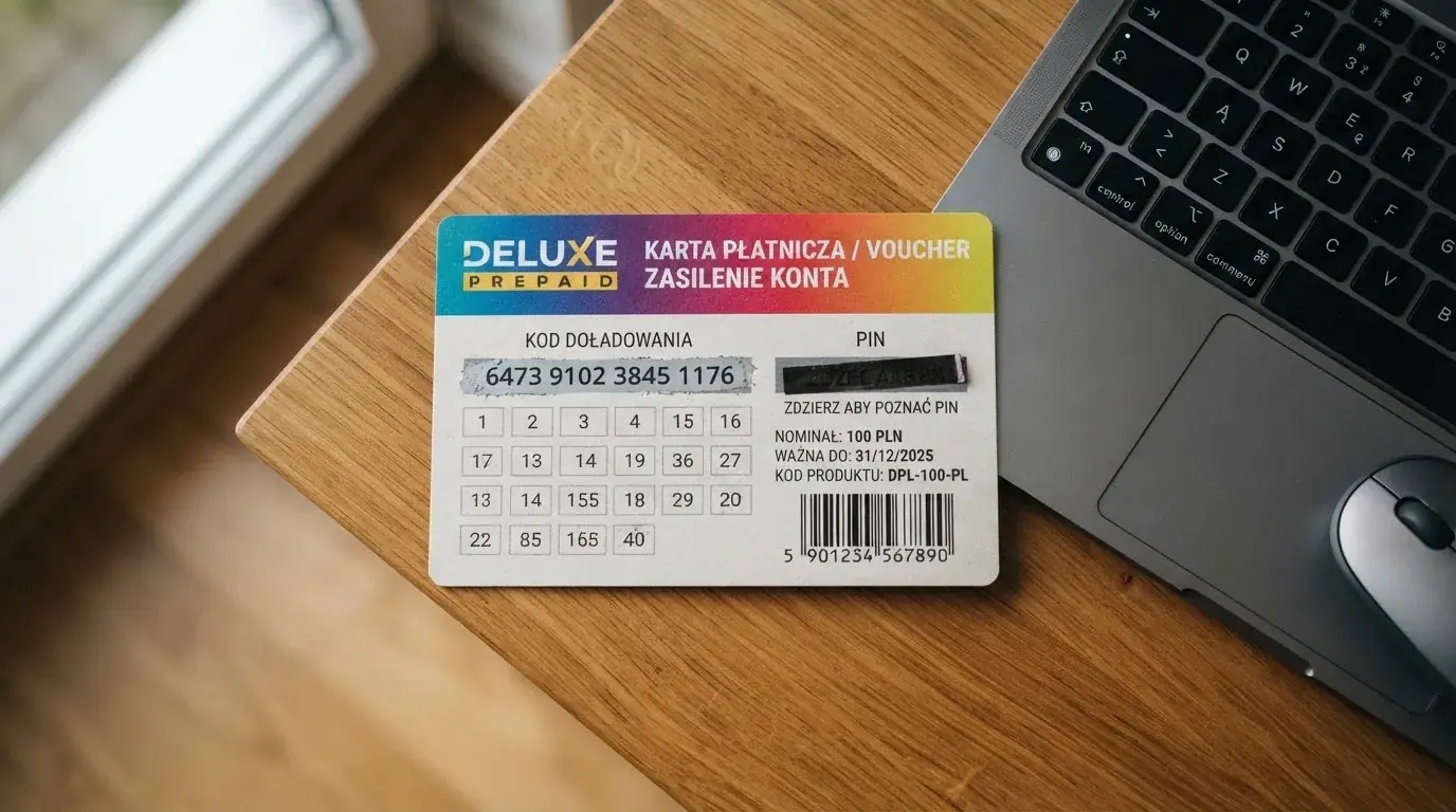 Karta przedpłacona Paysafecard z zasłoniętym polem kodu PIN obok klawiatury laptopa