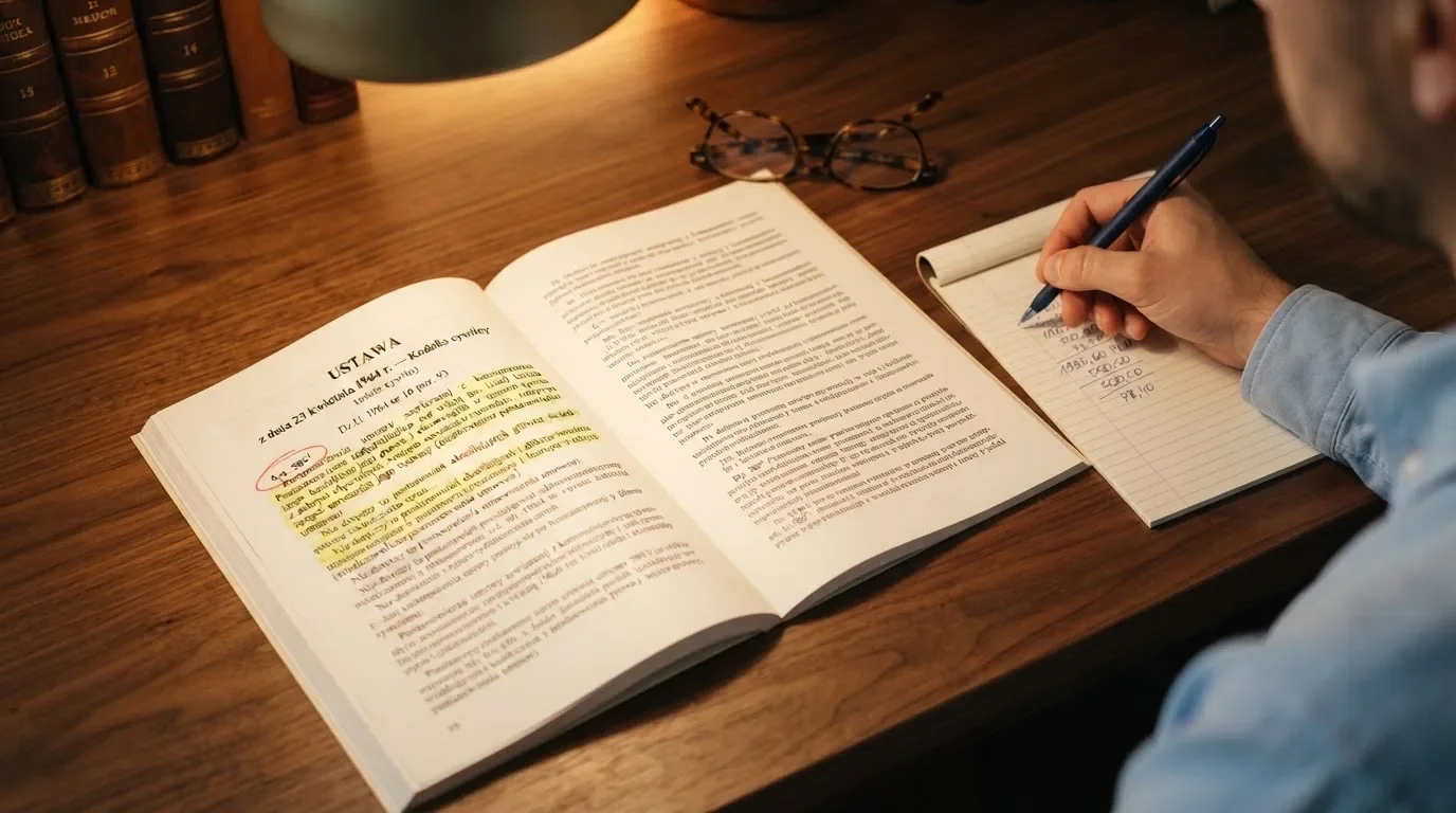 Wydruk kodeksu karnego skarbowego z zakreślonym artykułem obok kalkulatora i długopisu na biurku