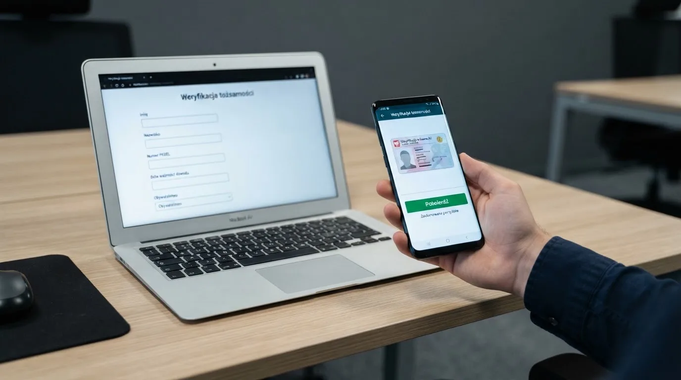 Dłoń trzymająca smartfon z aplikacją mObywatel podczas potwierdzania tożsamości, obok laptop z formularzem weryfikacji konta gracza