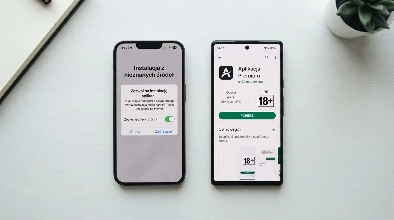 Dwa telefony obok siebie: na jednym komunikat zgody na instalację pliku APK z nieznanego źródła, na drugim strona aplikacji w sklepie z przyciskiem pobierania