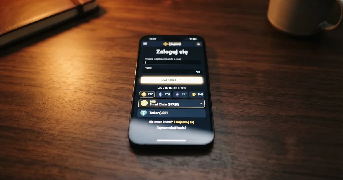 Ekran logowania do konta kasyna online z widoczną opcją wyboru kryptowaluty Binance Coin (BNB) jako metody płatności.