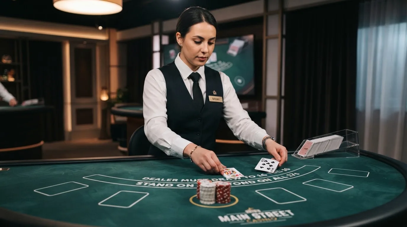 Krupier rozdający karty przy stole blackjacka podczas transmisji na żywo
