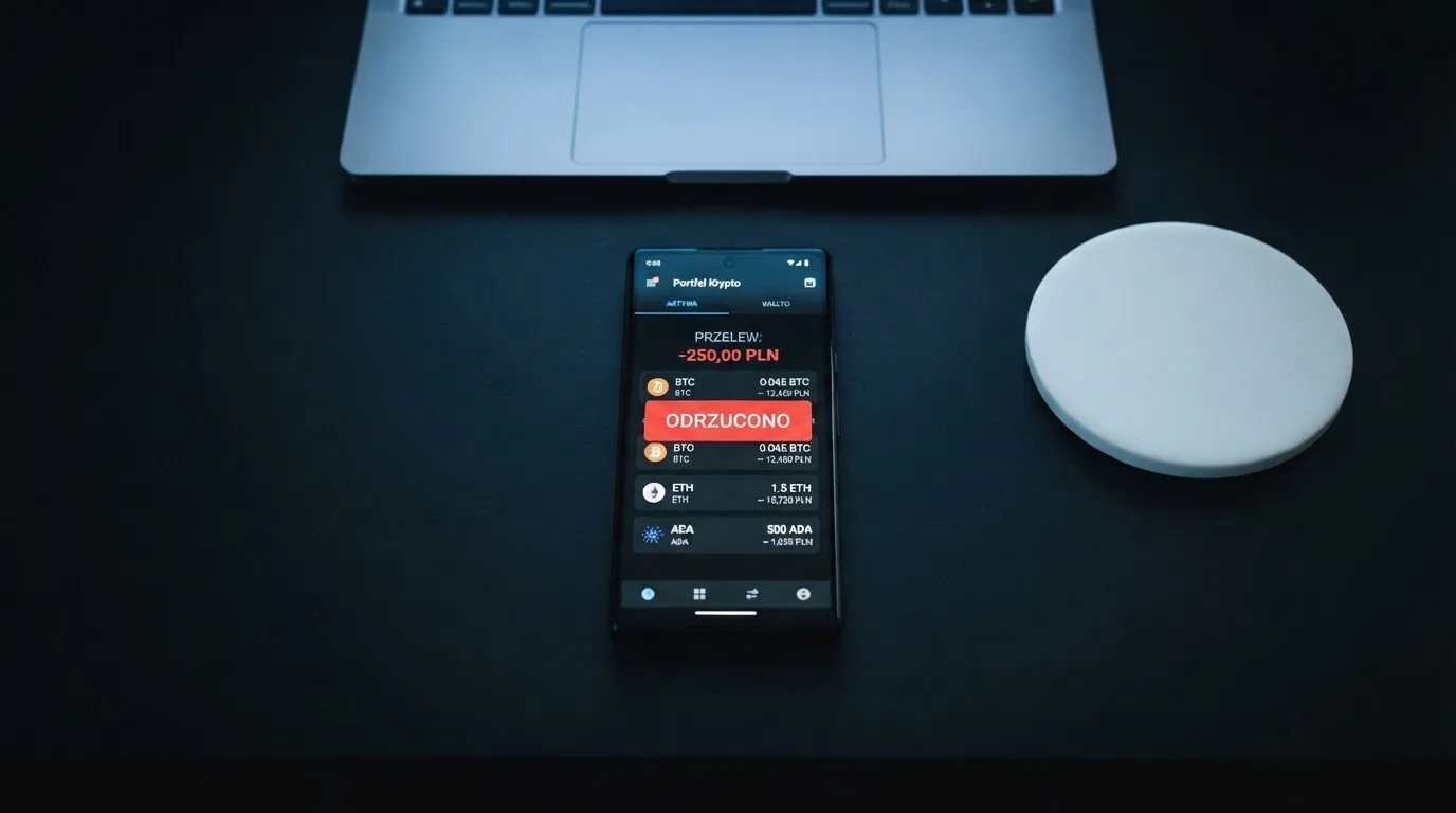 Smartfon z otwartym portfelem kryptowalut i komunikatem o odrzuconej płatności leżący obok laptopa