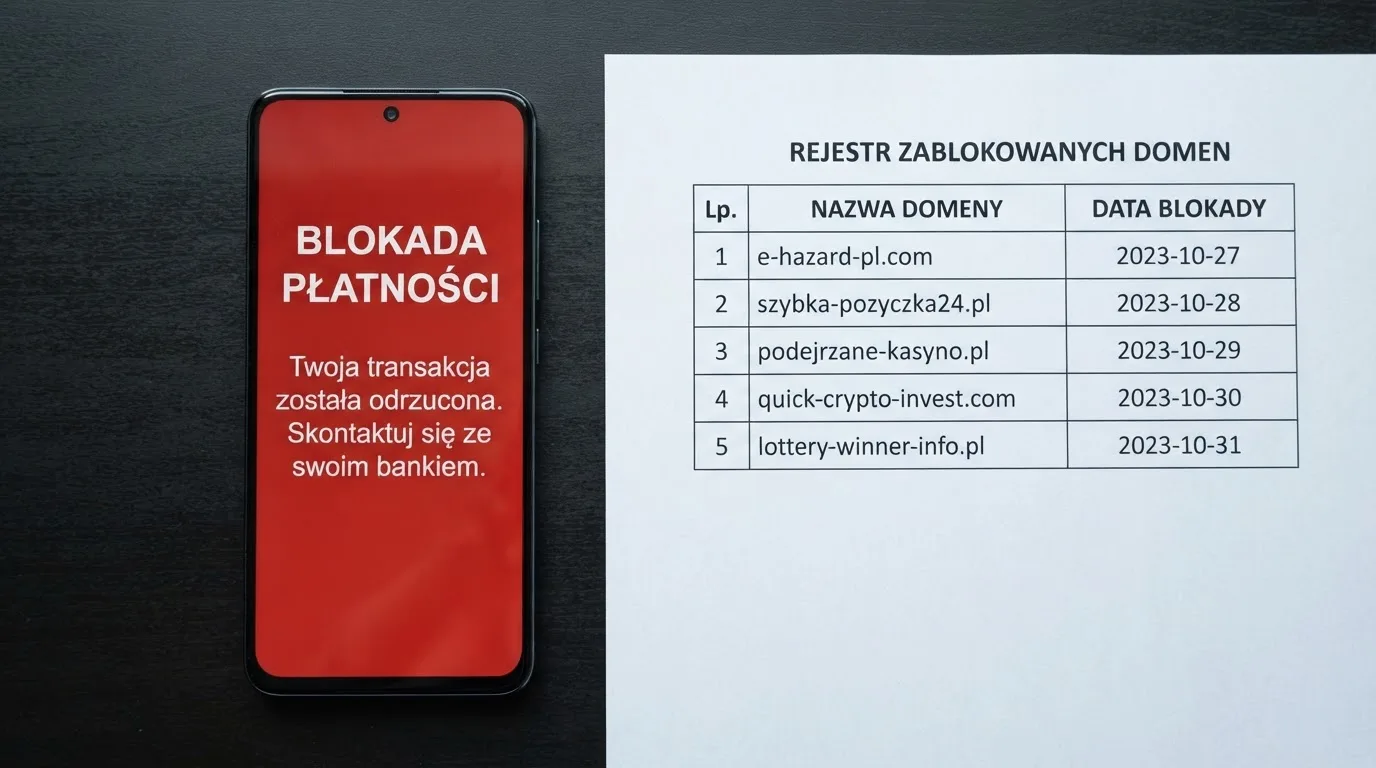 Telefon z komunikatem o odrzuconej płatności na ekranie, obok wydruk tabeli z listą zablokowanych adresów stron