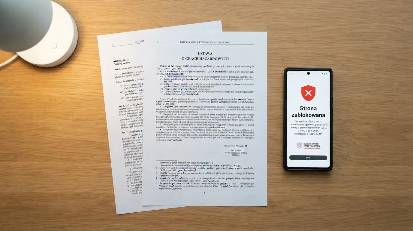 Biurko z wydrukiem ustawy o grach hazardowych i telefonem wyświetlającym komunikat o zablokowanej stronie kasyna