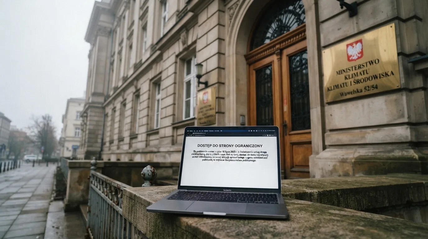 Budynek urzędu z tablicą ministerstwa, na pierwszym planie laptop z komunikatem o zablokowanej stronie kasyna
