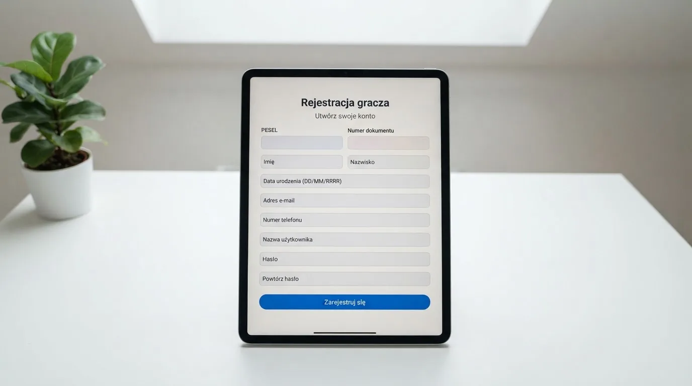 Formularz rejestracji konta gracza z polami na PESEL i numer dokumentu tożsamości na ekranie tabletu