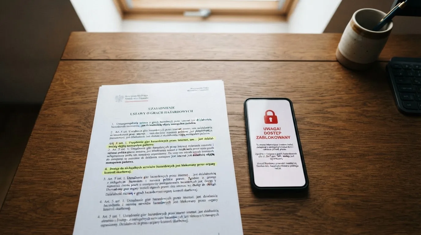 Wydruk ustawy o grach hazardowych z zakreślonymi artykułami leżący na biurku obok wyłączonego smartfona