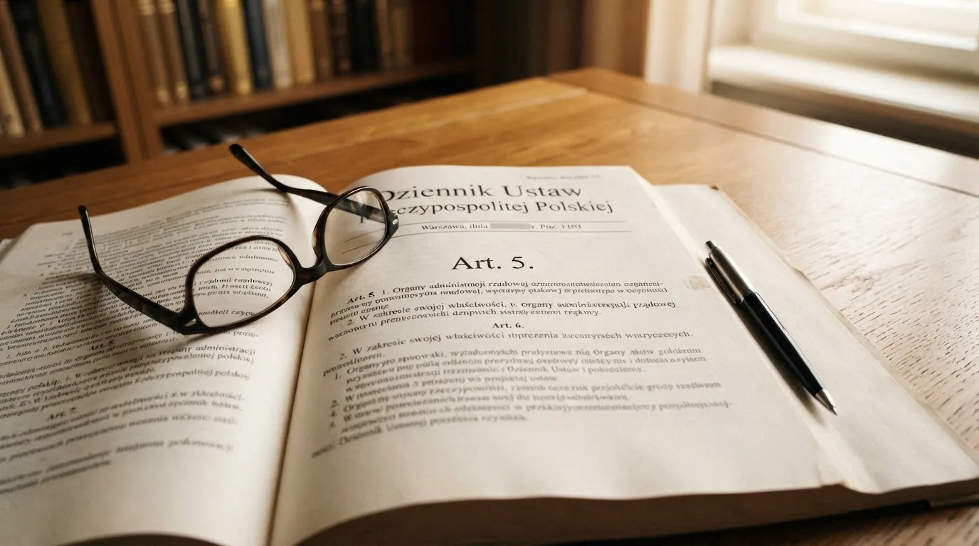 Wydrukowany tekst ustawy o grach hazardowych otwarty na artykule 5, obok okularów i długopisu na biurku