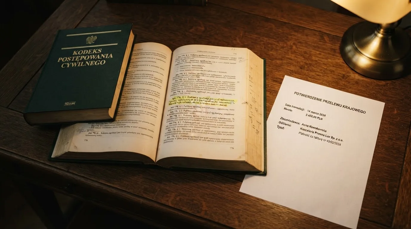 Otwarty tekst ustawy o grach hazardowych z zakreślonym artykułem, obok wydruku potwierdzenia przelewu wygranej