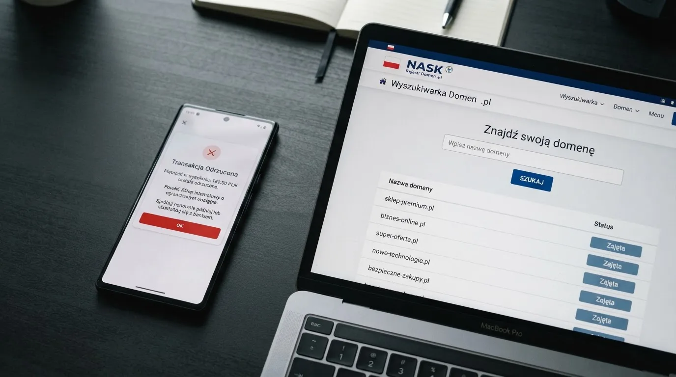 Ekran telefonu z odrzuconą płatnością BLIK obok otwartej w przeglądarce wyszukiwarki rejestru domen Ministerstwa Finansów