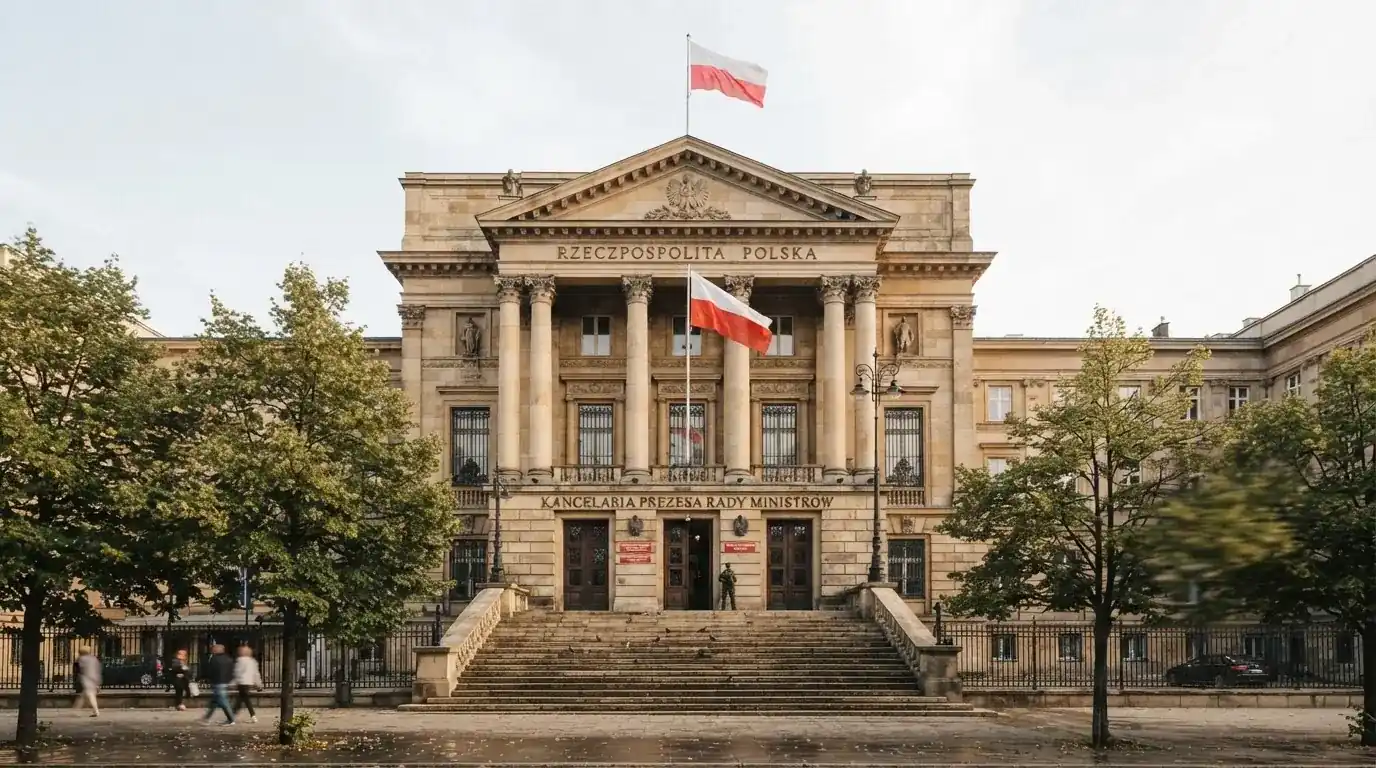 Budynek urzędu administracji państwowej z flagą Polski na maszcie w tle