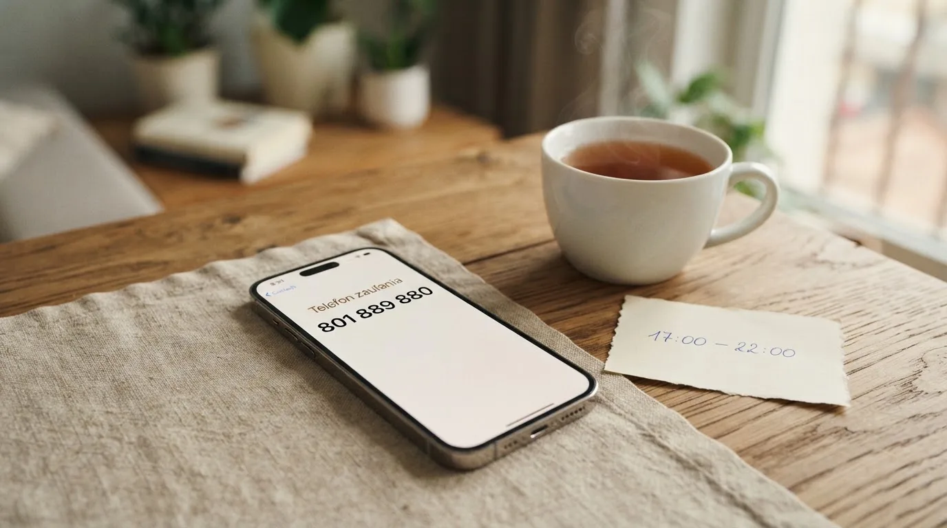 Telefon komórkowy leżący na stole obok kubka herbaty i kartki z zapisanym numerem infolinii
