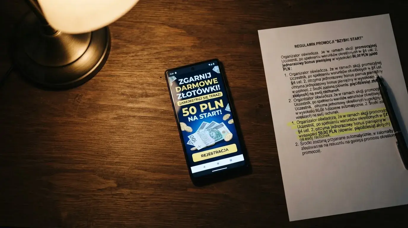 Telefon z banerem obiecującym darmowe złotówki za założenie konta, obok wydrukowany tekst ustawy o grach hazardowych z zaznaczonym artykułem