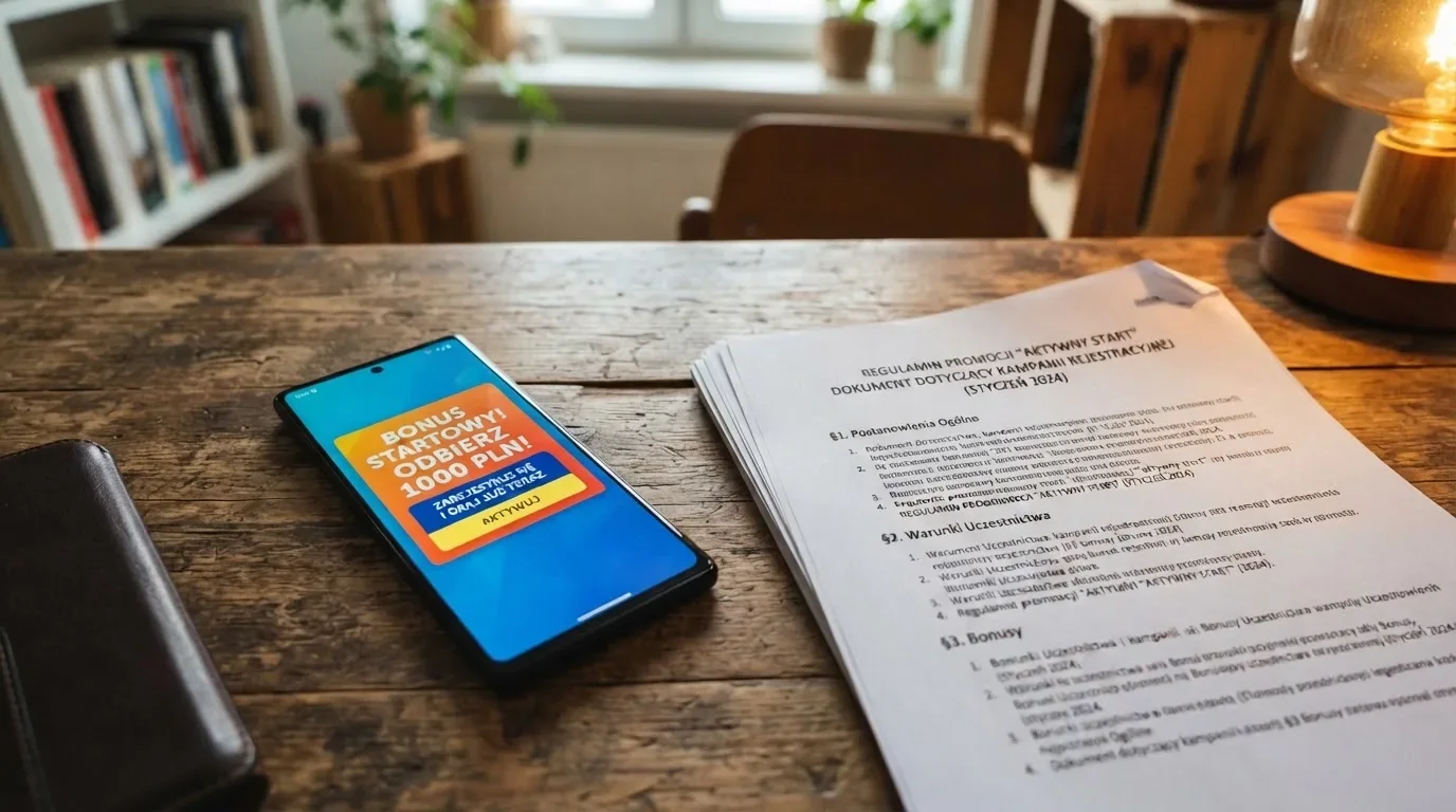 Telefon z wyskakującym banerem obiecującym darmowe złotówki za rejestrację, obok wydruk ustawy o grach hazardowych