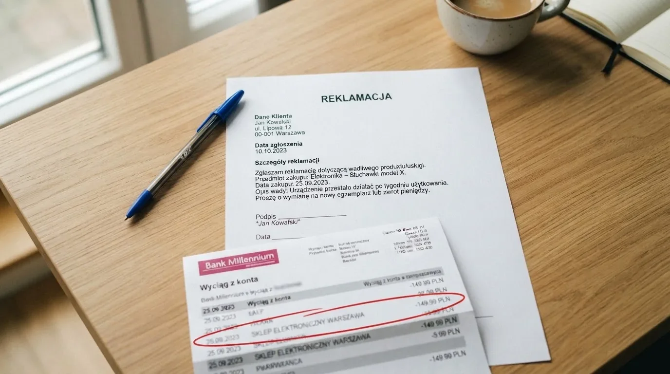 Wydrukowany formularz reklamacji leżący na biurku obok długopisu i wyciągu bankowego z zakreśloną pozycją