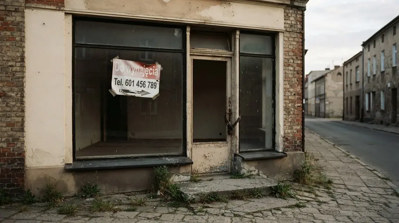 Pusty, zamknięty lokal handlowy z tabliczką „do wynajęcia”, symbolizujący brak działających salonów gry bingo pieniężne