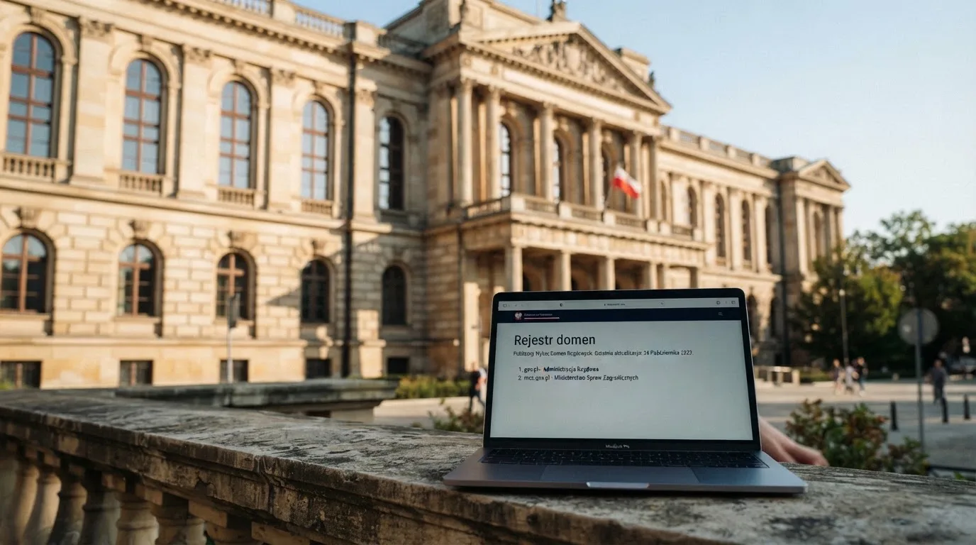Gmach Ministerstwa Finansów w Warszawie w dziennym świetle, na pierwszym planie ekran laptopa z publicznym rejestrem domen zakazanych