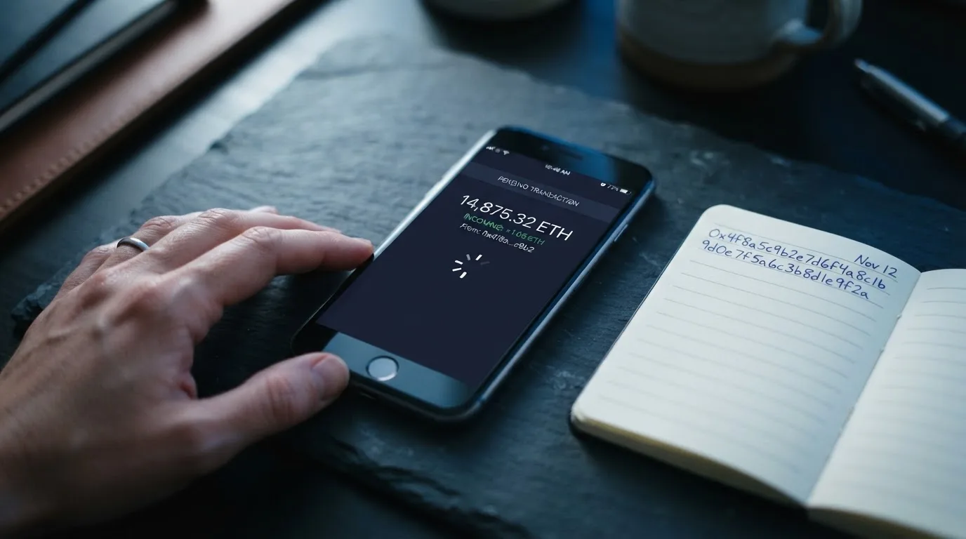 Ekran telefonu z portfelem kryptowalutowym i oczekującą transakcją przychodzącą, obok notes z zapisanym adresem portfela